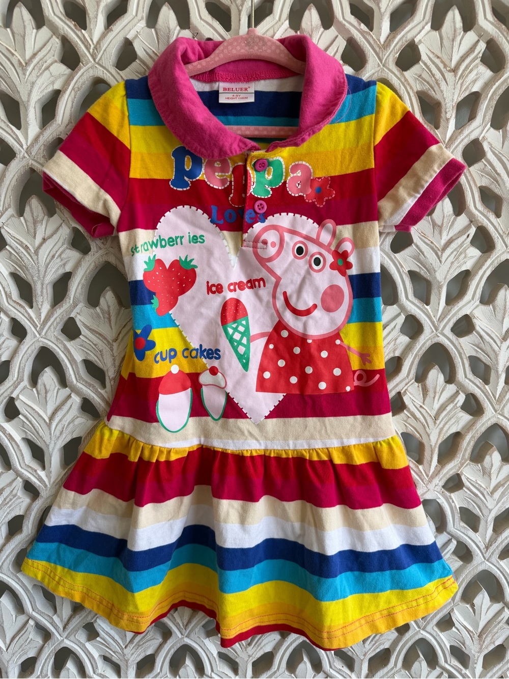 Peppa Pig Girls Striped Polo Dress 4-5Y Colorful Ruffle Hem